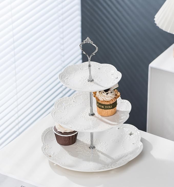 Cupcake Stand- Jusalpha 3-Tier White Porcelain Cake Stand Dessert Stand-Cupcake Stand-Tea Party Serving Platter, Comes in a Gift Box- Free Sugar Tong