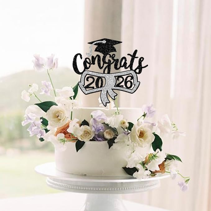 1 Pack Congrats 2026 Cake Topper Glitter Diploma Graduation Cap Cake Pick Contrats Class of 2026 Cake Decorations for 2026 Graduation Theme High School Boys Girls Graduate Party Silver