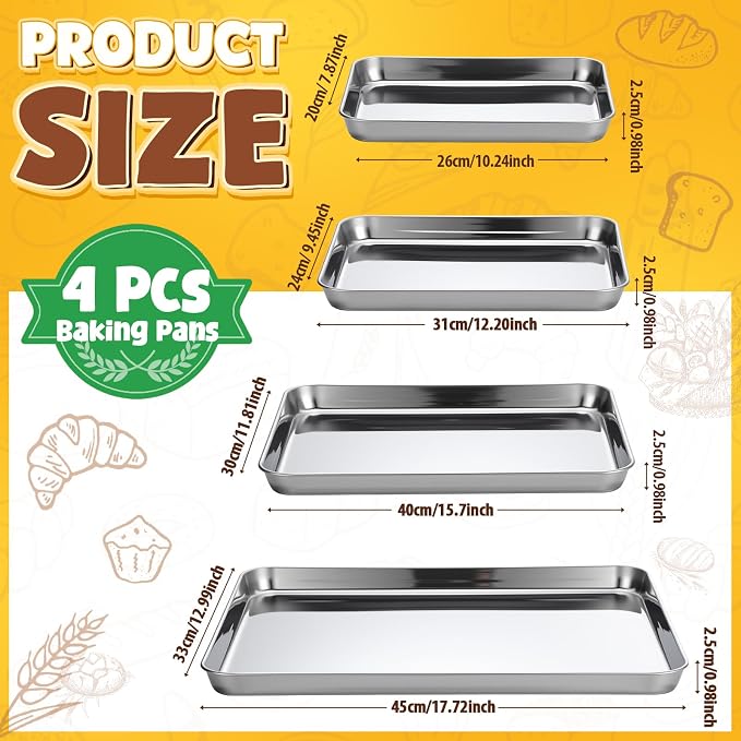 4 Pack Stainless Steel Sheet Baking Pans, 10/12/16/18 Inch Commercial Grade Cookie Sheets for Baking, Heavy Duty Stainless Steel Cookware Set, Non-stick, Non-toxic