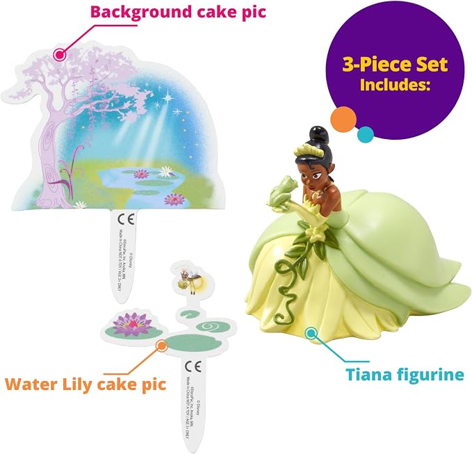 DecoSet® Disney Princess Tiana Cake Topper, 3-Piece Cake Decoration With Tiana And Frog Figurine, Water Lily Pic, And Background Scenery Pic