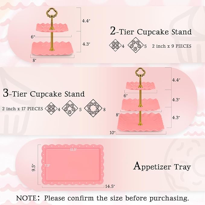 NWK 5 Piece Cake Stand Set with 2 x 3-Tier Cupcake Stands, 1 x2-Tier Cupcake Stands, 2 x Appetizer Trays, for Wedding Birthday Baby Shower Tea Party Decorations (5, Pink, Square)
