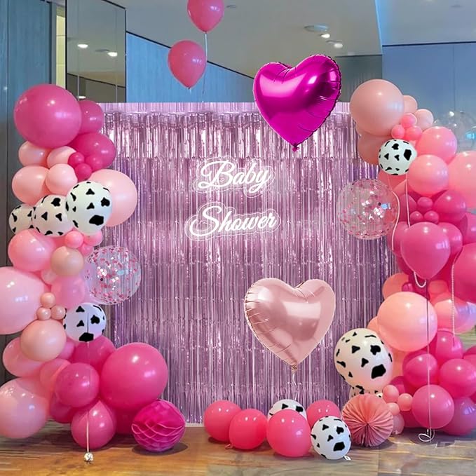 157Pcs Pink Cow Print Balloons Garland Arch Kit with Pink Fringe Curtain for Cowgirl Baby Shower First Rodeo Farm Wedding Birthday Party Decorations