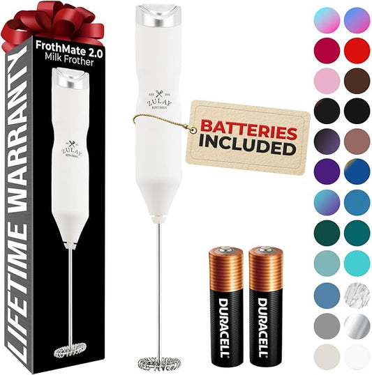 Zulay Kitchen Powerful Frother Wand AA Batteries Included, Ultra Fast Handheld Drink Mixer, Comfort Milk Frother, Stainless Steel Whisker, Frother Handheld for Coffee, Protein & Matcha - Frothmate 2.0