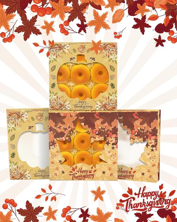 qiqee Thanksgiving Auto-pop Up 12pcs Pie Box with Window 9x9x2.5 Inch Donut Pastry Boxes Pumkin Leaves Bakery Box