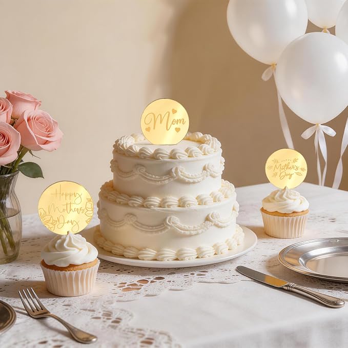 20pcs Gold Happy Mothers Day Cupcake Toppers Mirror Acrylic Mom Cake Disc for Mothers Day Cake Decorations DIY Gift Flower Bouquet Decor