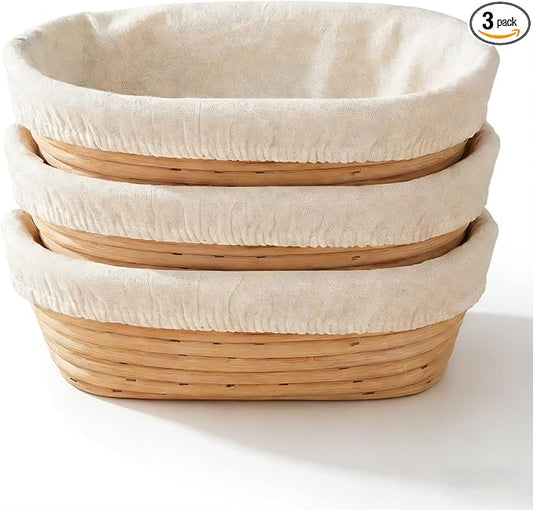 3 Pcs 10 Inch Oval Banneton Proofing Baskets, Rattan Sourdough Bread Baking Supplies with Cloth Liners for Home Bakers