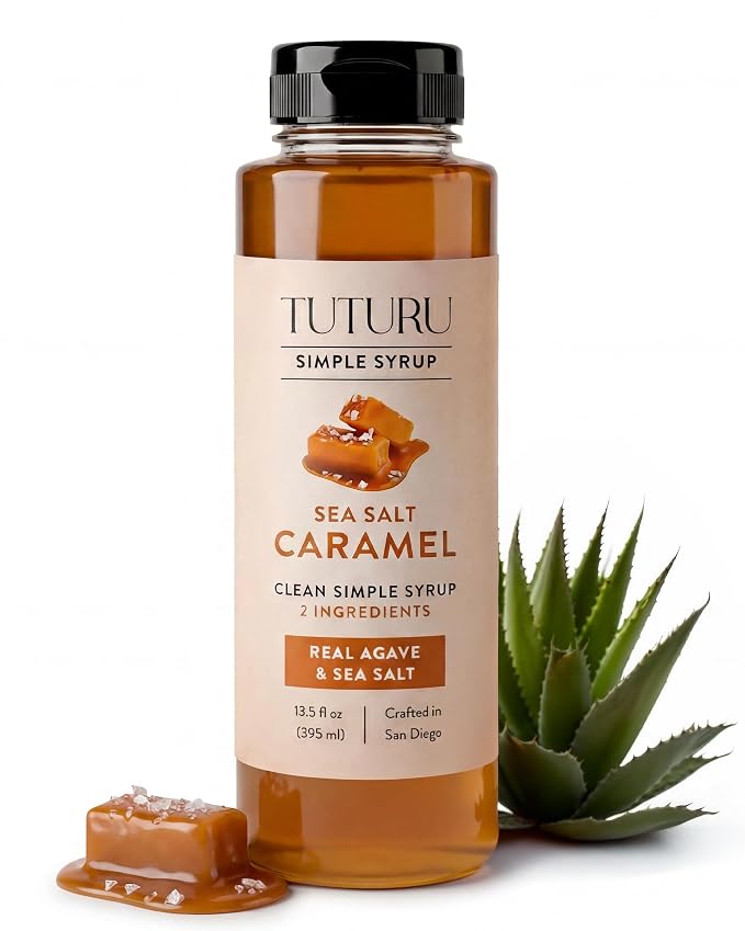 Caramel Agave Simple Syrup for Coffee & Cocktails - Sweetened with Organic Agave Nectar - Infused with Real Sea Salt - 13.5 oz