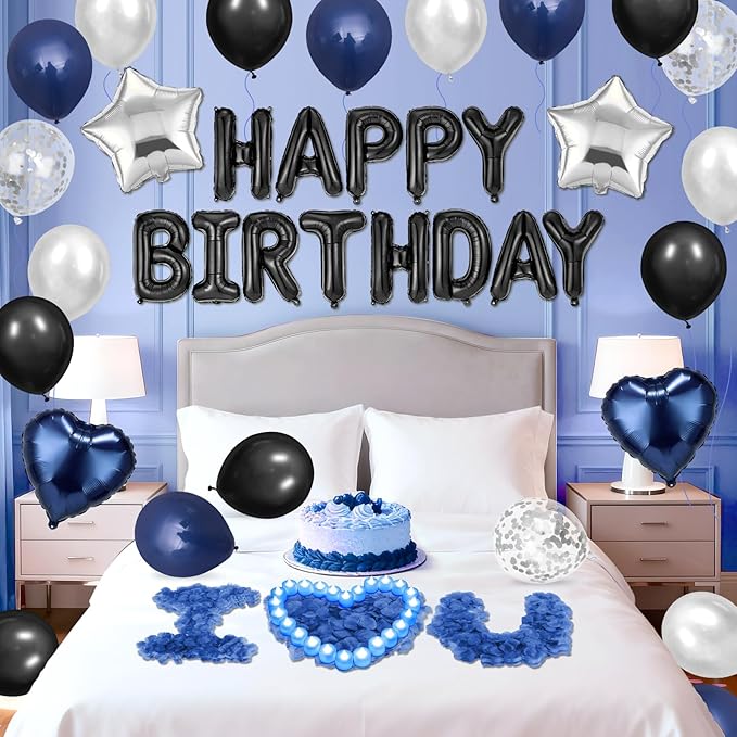 Blue Black Happy Birthday Balloons Decorations Navy Blue Black Birthday Balloon Letters Banner with Star Heart Balloons Artificial Rose Petals 24 Flameless LED Candles for Birthday Party Supplies