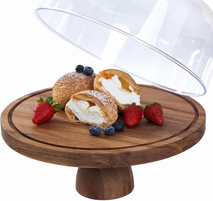 LiTY Cake Stand with Lid, Multi-Functional 12in Round Cake Holder, Acacia Wood 2-in-1 Dessert Table Display Set, Charcuterie Board for Cheese ,Fruit Platter, Large Acrylic Cake Dome Cover