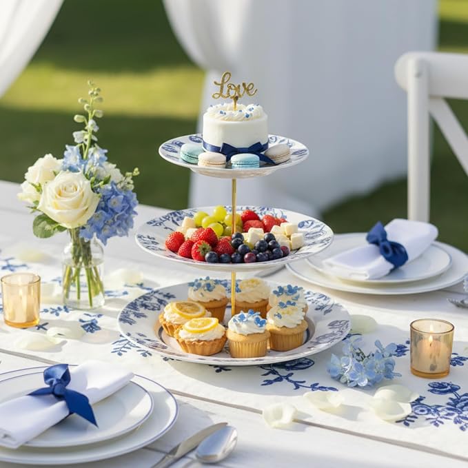 Lallisa Blue Floral 3 Tier Dessert Stand 10", 9" and 7" Ceramic Vintage Chinoiserie Tea Party Tiered Tray Cake Stand Display Holder Tower for Something Blue Before I Do Bridal Shower Decorations