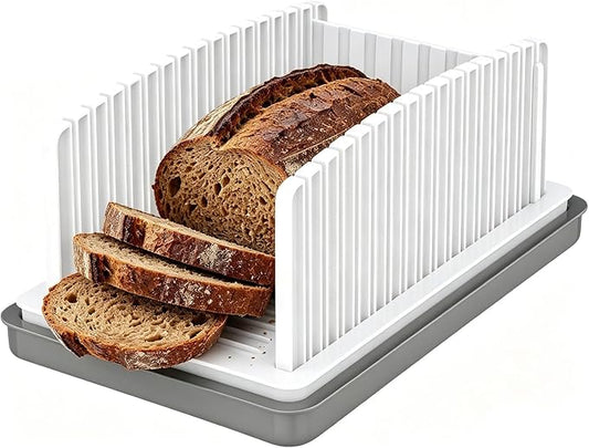Bread Slicer for Homemade Bread, Adjustable Bread Slicing Guide with Crumb Tray, Foldable Compact Loaf Cutter for Even Slices, Ideal for Sourdough, Bagels, and Cakes, Space-Saving Design