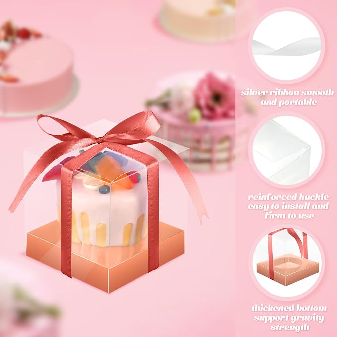Thenshop 50 Pcs Clear Cupcake Boxes Individual 3.5 Inch Plastic Single Cupcake Containers Boxes with Inserts and Ribbon Individual Cake Storage Holders for Cake Kitchen(Rose Gold)
