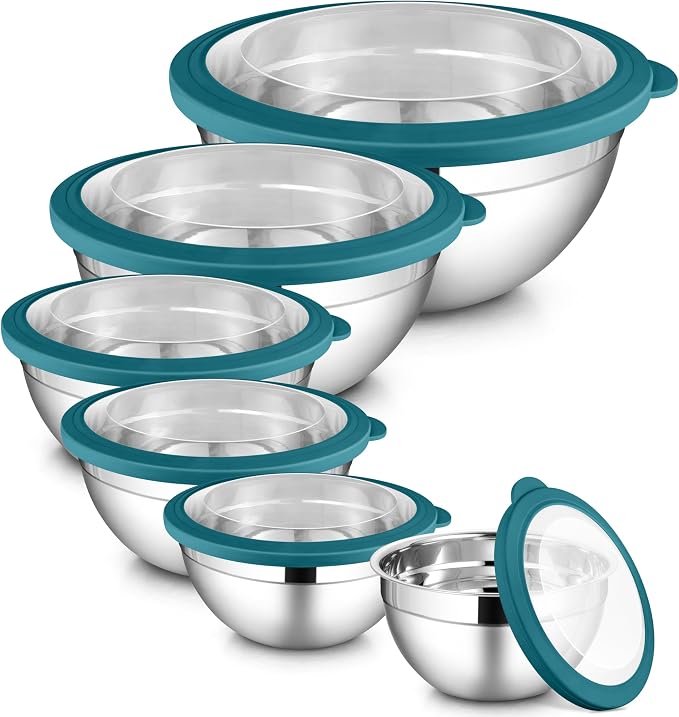 LIANYU 6 Packs Stainless Steel Mixing Bowls, Large 7, 3.5, 2.5, 2, 1.5, 1QT Size, Deep Metal Nesting Bowls Set for Baking Cooking Serving Prepping Food Storage, Include Visible Airtight Lid, Dark Blue