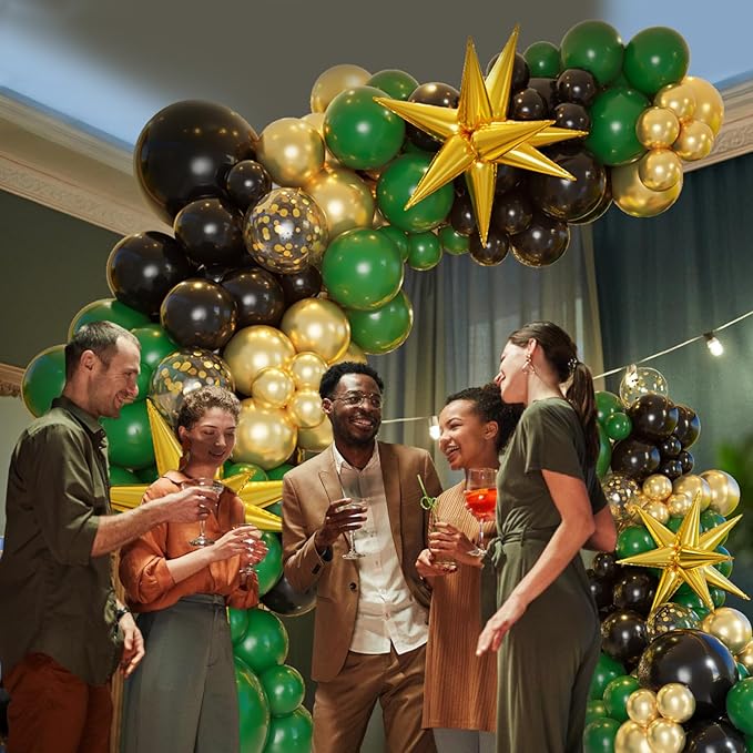 Bonropin 161pcs Green and Gold Black Balloon Arch Kit with Explosion Star Balloons, 5/10/12/18in Emerald Forest Dark Green Black Metallic Gold Balloons for Birthday Graduation Wedding Party Decoration