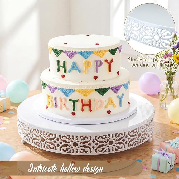 Wenqik 16 Inch Cake Stand Round Metal Cupcake Dessert Wedding Cake Stand Cookies Display Holder Fruit Food Serving Tray for Table Wedding Birthday Anniversary Party Decor (White)