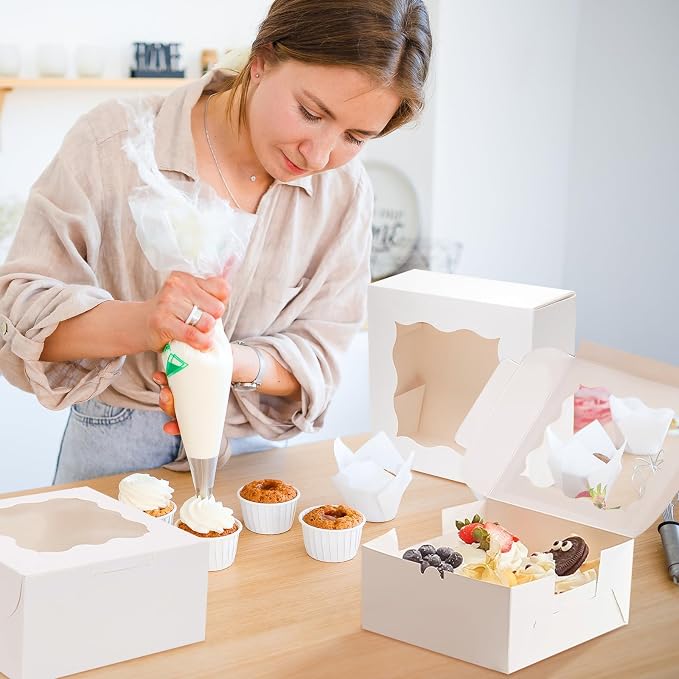50pcs Cookie Boxes with Window, 6x6x3 Inches White Bakery Boxes, 60 Pcs Stickers,for Small Cookies, Treats, Candy, Desserts, Chocolate Covered Strawberries,Mini Cake Boxes
