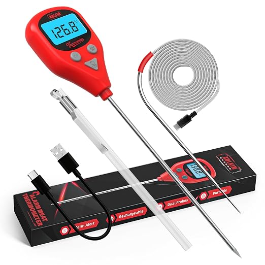 AWLKIM Digital Meat Thermometer with Dual Probes, Wine Red - Instant Read Food Thermometer with 1m Leave-in Probe, Alarm, Backlit LCD, IP67 Waterproof & USB-C Rechargeable for Grilling, BBQ, Smoking