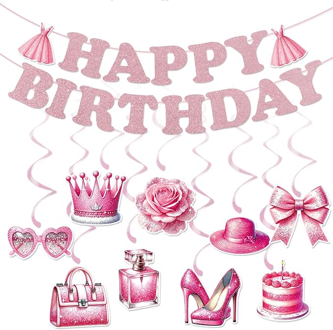 Zwiebeco Pink Rose Gold Girls Happy Birthday Banner Bunting Hanging Paper Swirls Garland Party Decorations for Girls Womens Princess-Style Themed Bday Decor Accessories Supplies