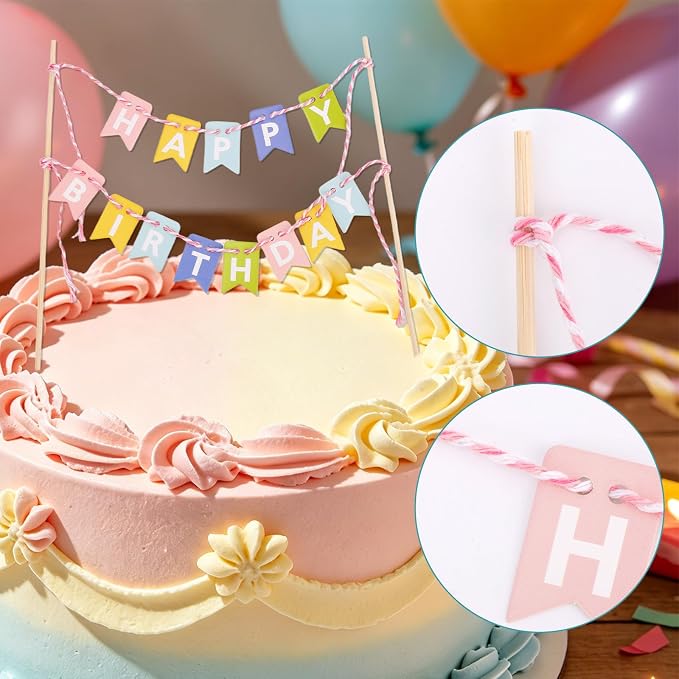 Gosknor Happy Birthday Flag Banner Cake Topper, Handmade Pennant Birthday Cake Flag Decoration for Party Decorations Supplies (Macaron Colors)