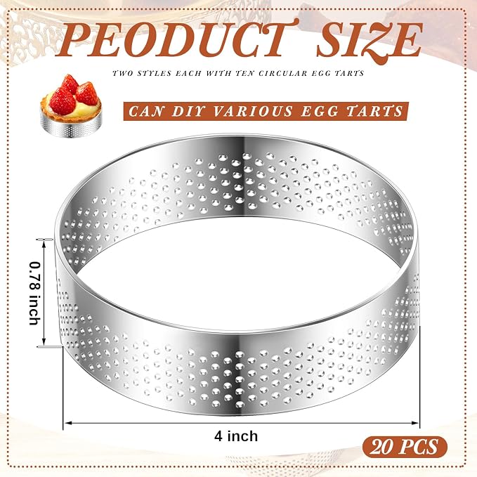 Mumufy 20 Pcs Perforated Tart Rings Round Stainless Steel Tart Rings for Baking Nonstick Metal Round Cake Ring for Pastry French Dessert Mousse Food Crisp Home Food Making Tool (4'')