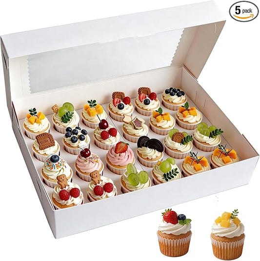 Mini Cupcake Box 5 Pack, Each Holds 24 Mini Cupcakes, White Cupcake Containers with Clear Window, 15 x 11 x 4 Inches Cupcake Holder for Birthday, Holiday, Party, Bakery