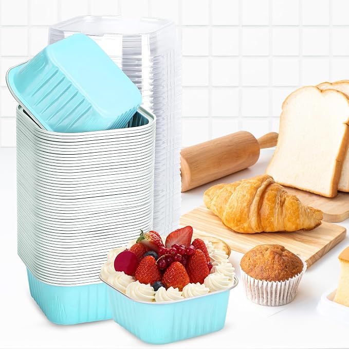 200Pack 5oz Blue Mini Cake Pans with Lids Baking Cups Aluminum Foil Pans Tins, Individual Dessert Cups Containers for Sales,Party,Picnics
