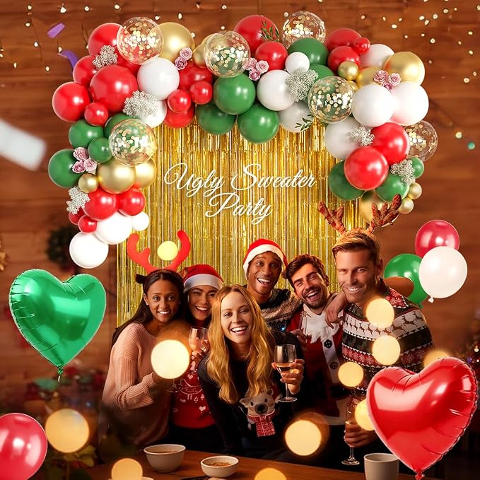 Red Green White and Gold Christmas Balloon Garland Arch Kit with Fringe Curtain for Birthday Baby Shower Winter Wedding Holiday Office Ugly Sweater Party Decorations