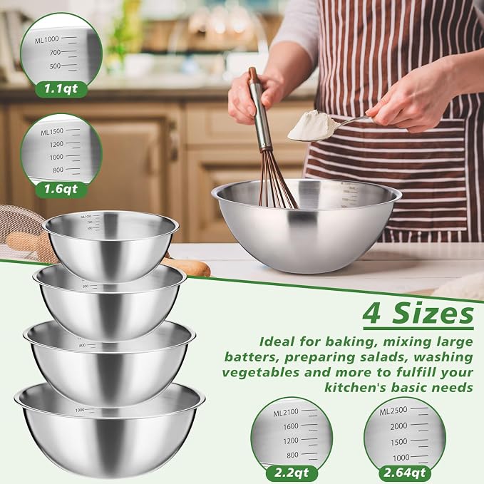 Honeydak 8 Pack Stainless Steel Mixing Bowls with Scale Meal Prep Bowls Dishwasher Safe Stainless Steel Salad Bowl Sizes 1.1, 1.6, 2.2 and 2.64 Qt for Kitchen Baking Cooking Prepping