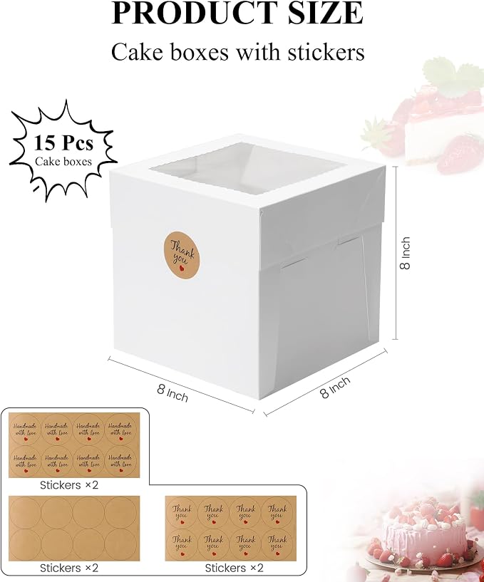 COTOPHER 15Pcs 8x8x8 Inches Cake Boxes, Square Bakery Boxes with Window, Cajas Pasteles for Valentine's Day, Mother's Day,Wedding, Birthday, Party Cake Decorating Supplies for Gift Giving