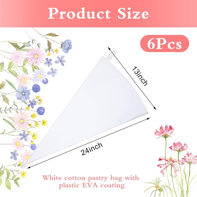 6 Pack 24 Inch Reusable Piping Pastry Bags Large Canvas Cake Decorating Bags with Plastic Coating for Frosting, Icing, Cupcakes, Cookies