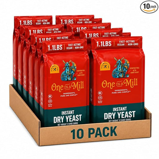 One in a Mill Instant Dry Yeast | 1.1 LBS (10 Pack) 500 Grams Each [IMPROVED] Fast-Acting Vegan Non-GMO Yeast for Baking Bread, Cake, Pizza Dough Crust | Kosher | Quick Rapid Rise Leavening Agent for Pastries