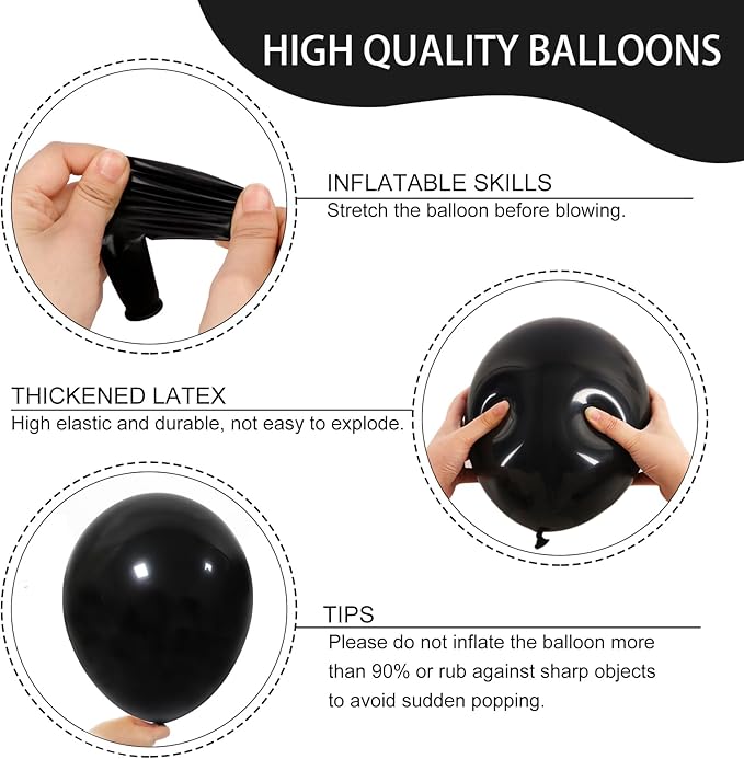 RUBFAC Black Balloons for Balloon Arch 129pcs Different Sizes Pack of 18 12 10 5 Inch Garland Kit, Latex Halloween Balloons for Party Decorations Birthday Wedding Decor
