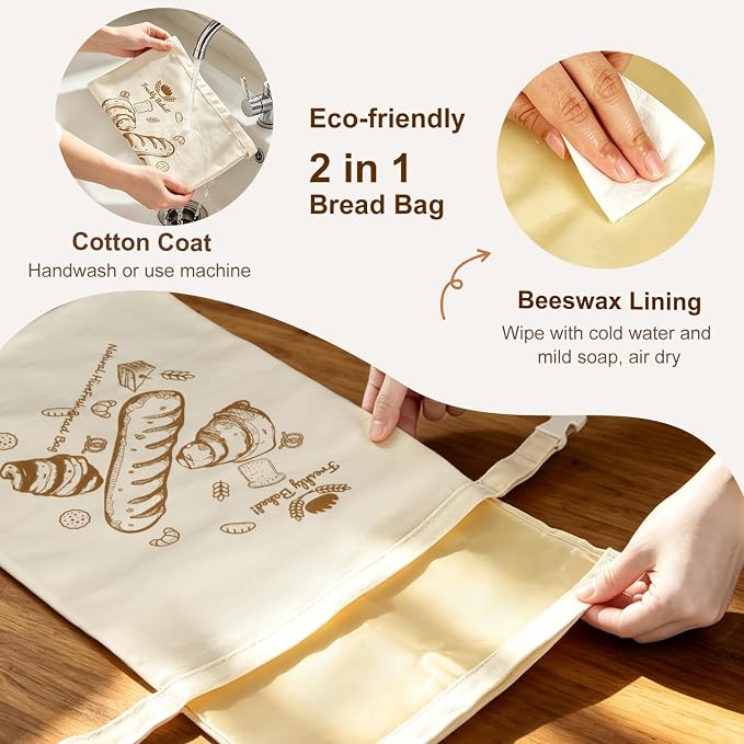 Beeswax Bread Bags 2 Pack Reusable Sourdough for Homemade, Large Washable Cotton Linen Food Storage with Removable Wax Liner, Plastic Free 17x13 Inch