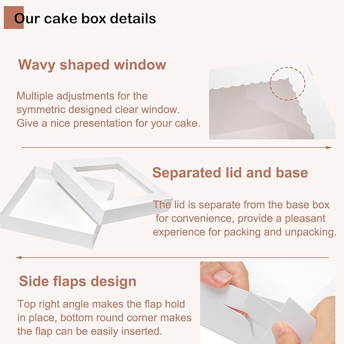 Mefleet 20Pcs 14x14x2.5 Bakery Boxes with Window Pie Boxes for Pastry Baking Cake, Cupcakes, Donuts, Cookies, Muffins Treat Packaging White Large Square