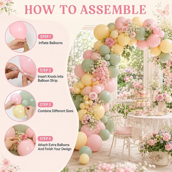 Pink and Green Balloon Arch Kit, 122Pcs Dusty Green Macaron Pink Yellow Matte Balloons for Girls Flower Birthday Bridal Wedding Engagement Floral Baby Shower Anniversary Tea Party Decorations