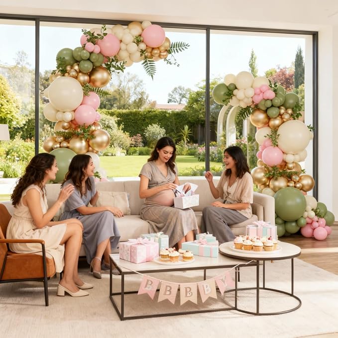 Sage Green Pink Gold Balloon Arch Kit, 128Pcs Sage Green Pastel Pink Light Pink Gold Sand White Balloons for Boho Baby Shower Wedding Bridal Shower Gender Reveal Birthday Party Decorations