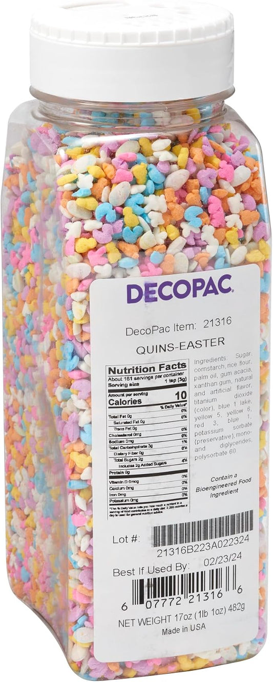 DECOPAC Deluxe Easter Quins, 17oz, Fancy Sprinkles Shaped Like Animals & Eggs, Candy Sprinkles in Handheld Container, Edible Sprinkles For Celebration Cakes, Cupcakes, Cookies