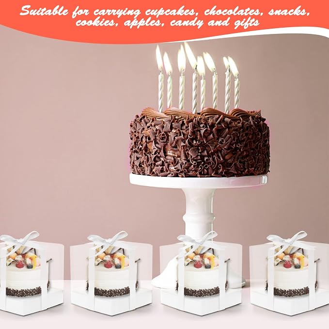12 Pack Clear Plastic Cupcake Boxes, 3.5 Inch Gold Single Cupcake Containers Disposable Individual Cup Cake Carrier Holder Boxes with Inserts and Ribbon (White)