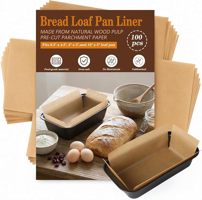 HUAKENER Loaf Pan Liners, 100Pcs Non-Stick Parchment Paper Bread Pan Liners for Baking Bread 9x5, 8.5x4.5 and 10x5 Inch Loaf Pan