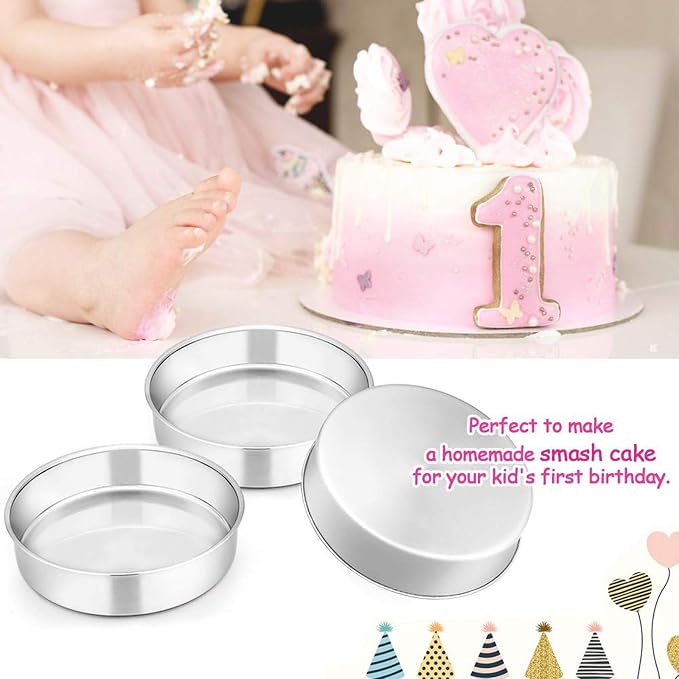 E-far 6 Inch Cake Pan Set of 2, Stainless Steel Round Smash Cake Baking Pans, Non-Toxic & Healthy, Mirror Finish & Dishwasher Safe