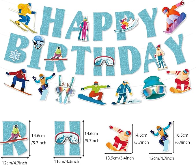 Zwiebeco Blue Skiing Happy Birthday Banner Bunting Garland Hanging Paper Party Decoration for Boys Girls Mens Womens Snow Skier Lover Winter Ski Snowboard Sports Themed Bday Decor Accessories Supplies
