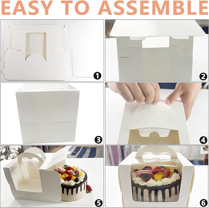 6 Inch Cake Boxes with Boards - 24 Pack White Pastry Boxes, 6x6x6 Inches with Handle for Cupcakes, Bento, Desserts, Christmas, Birthday, Wedding Party Favor