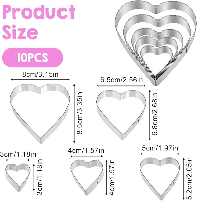 Heart Cookie Cutter,10 Pcs Stainless Steel Heart Shaped Cookie Cutter,Sandwich Cutters for Lunch Lover Wedding Present for Sandwiches Biscuit (3.3 2.6 2.0 1.5 1.1in)