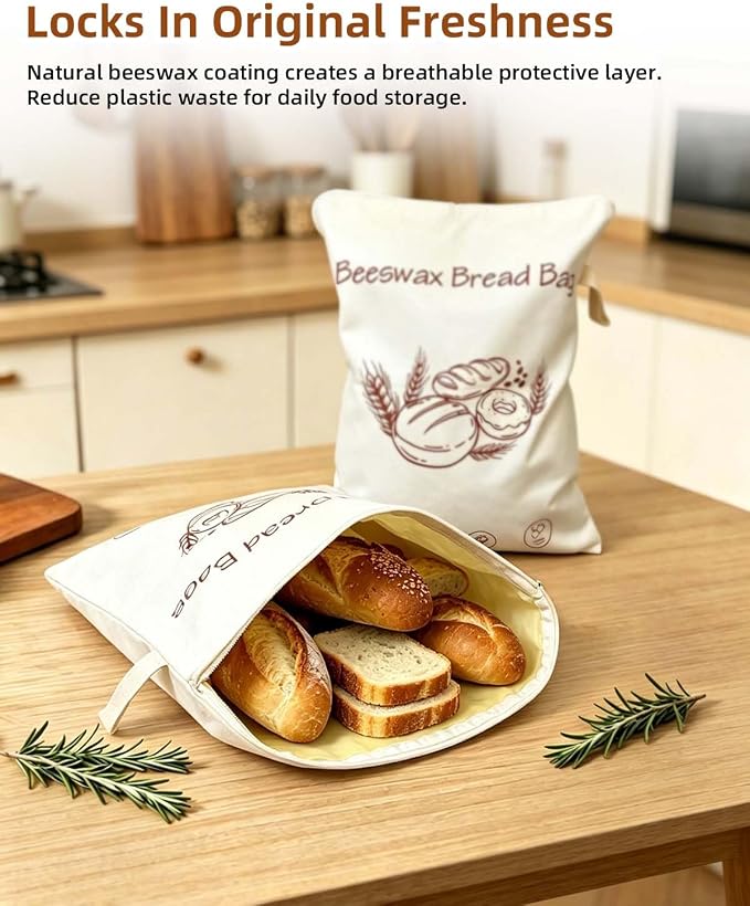 2 Pack Reusable Beeswax Bread Bags for Sourdough, Natural Cotton Bread Bags for Homemade Bread, 17×13'' L-shaped Side Zipper Breathable Beeswax Wraps, Keep Fresh, Homesteading Essentials