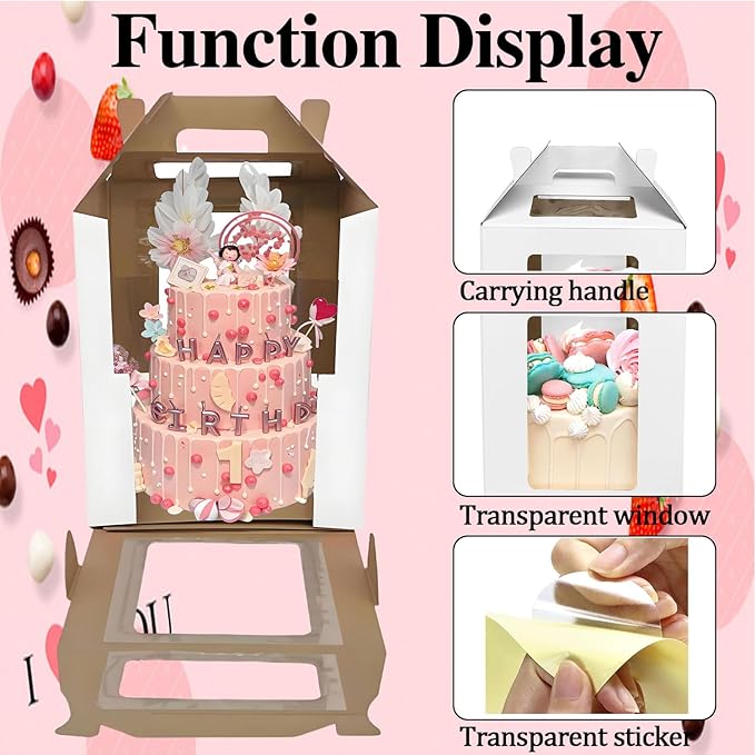 Cake Boxes - 2 Pack Tall Cake Box 10x10x12 Inch Disposable Layer Carrier with Window Large Tierd Cake Out Transport Containers with Handle for Wedding, Birthday, Party(White)