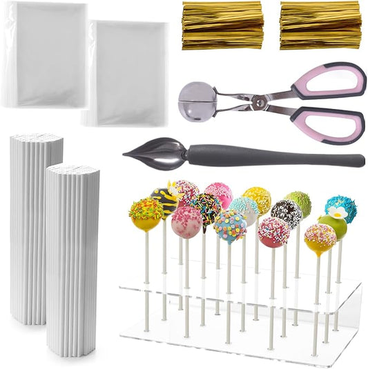 Cake Pop Kit Including 200 pcs 6 inch Lollipop Sticks and 200 pcs Clear Wrappers, 15 hole Clear Acrylic Display Stand, 1 pcs Metal Baller Scoop, 1 pcs Culinary Decorating Scooper, Gold Twist Ties