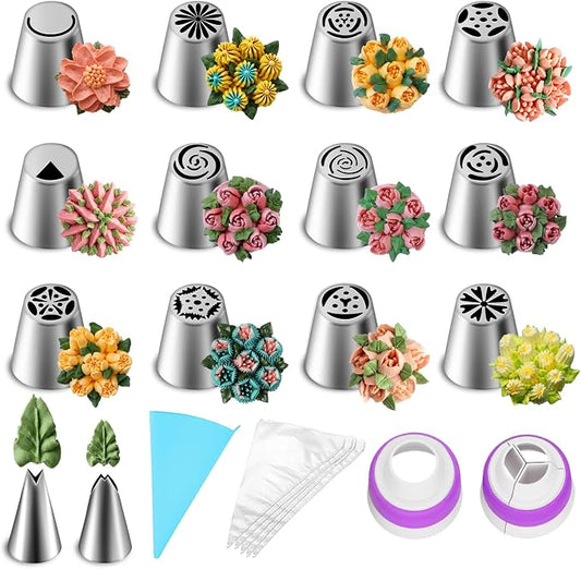 Suuker 27 Pieces Russian Piping Tips Set | 12 Icing Tips, 10 Pastry Baking Bags, 2 Leaf Piping Tips, 2 Couplers, 1 Silicone Bag