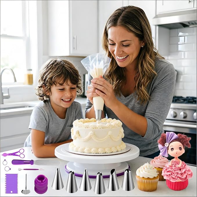 ANSLYQA Cake Decorating Kit, 340 Pcs Baking Tools (Purple) | Cake Turntable, Leveler, 55 Numbered Icing+Skirt Tips, 2 Spatulas, 3 Scrapers, 100 Pastry Bags, 100 Cupcake Liners & More