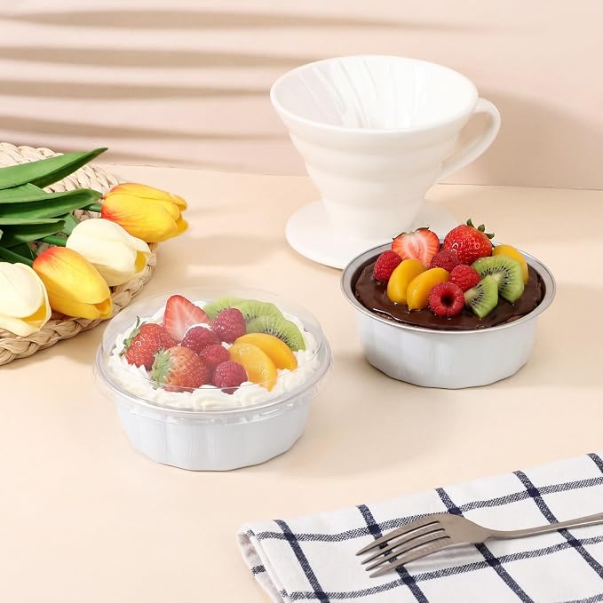 Beasea 8 oz Disposable Ramekins with Lids, 50 Pack Aluminum Cups for Baking, Aluminum Foil Baking Cups with Lids, Creme Brulee Muffin Cupcake Mini Pudding Foil Ramekin for Party Wedding - White