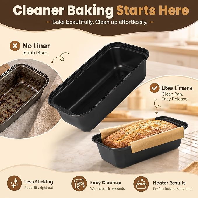HUAKENER Loaf Pan with Liners Set: 3-Pack Nonstick 9 x 5 Inch Bread Loaf Pan and 100 PCS Loaf Liners for Homemade Bread Cake Sourdough Banana Sandwich Bread